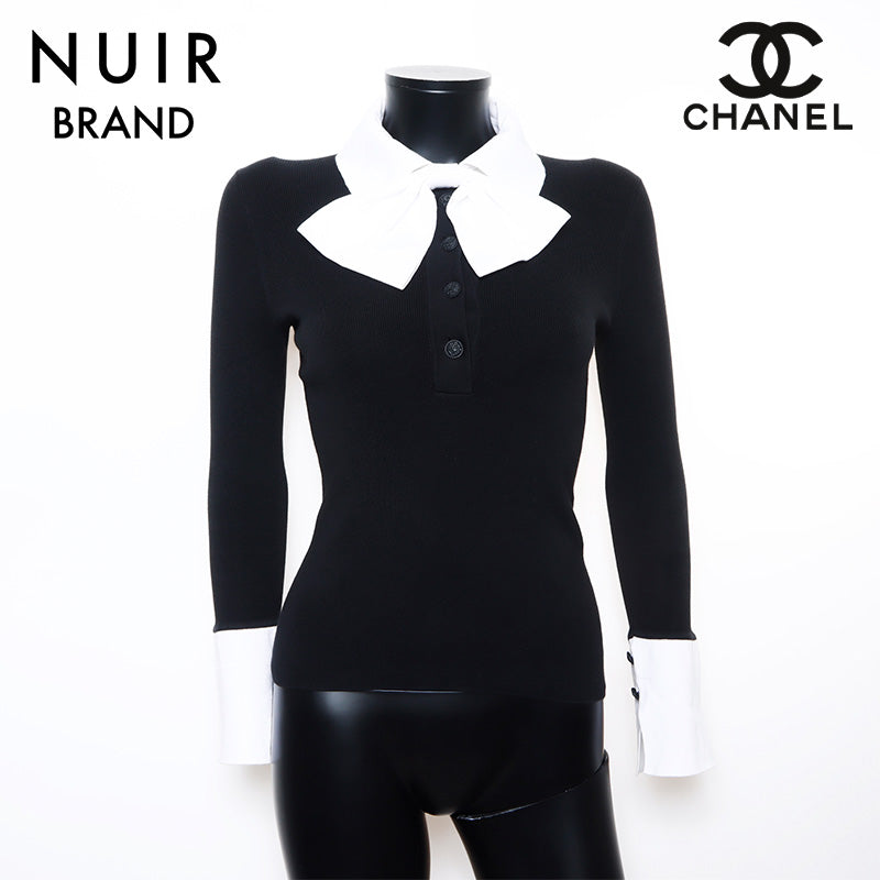 Chanel CHANEL Collar Coco Button Coco Mark Ribbon Tie Knit Black