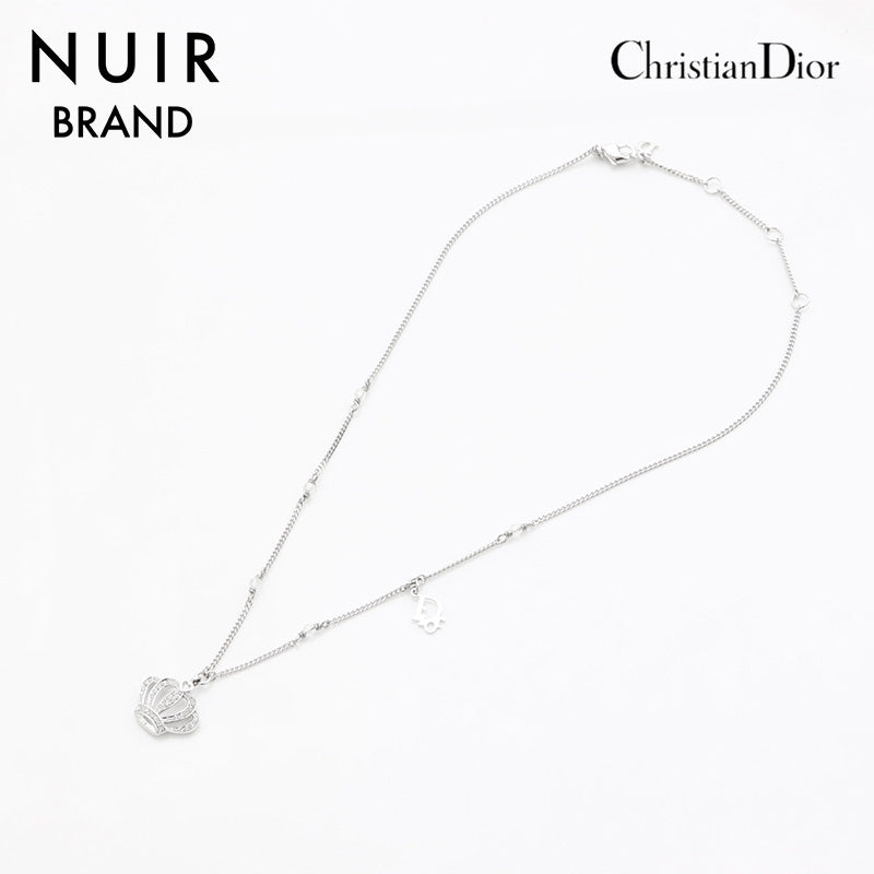 Christian Dior Crown Rhinestone Logo Necklace Silver WS11035