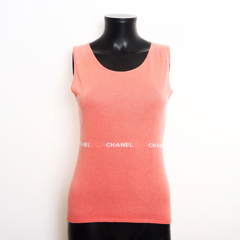 【CHANEL】ピンク ノースリーブニット シャネル 38サイズ タンクトップ シャネル タンクトップ ニットトップス シャーベットカラー コピー