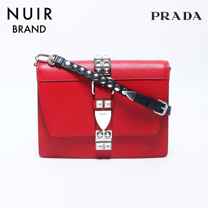 PRADA Studded Leather Silver Metal Electra Shoulder Bag Red PRADA Studded Leather Silver Metal Electra Shoulder Bag Red