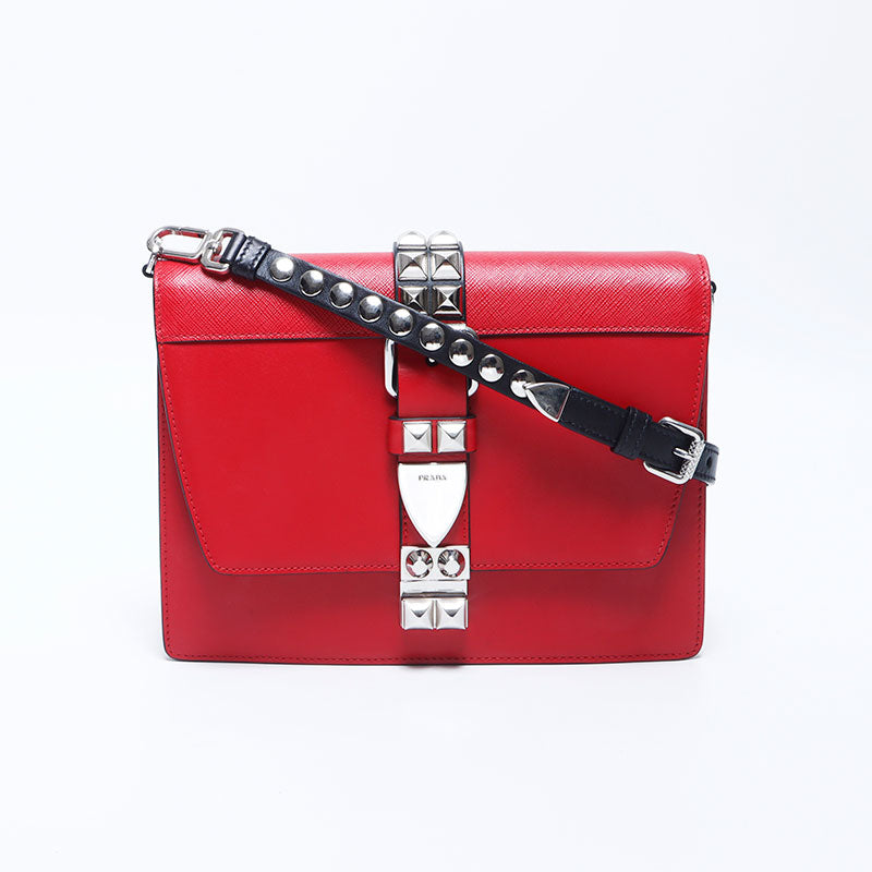 PRADA Studded Leather Silver Metal Electra Shoulder Bag Red