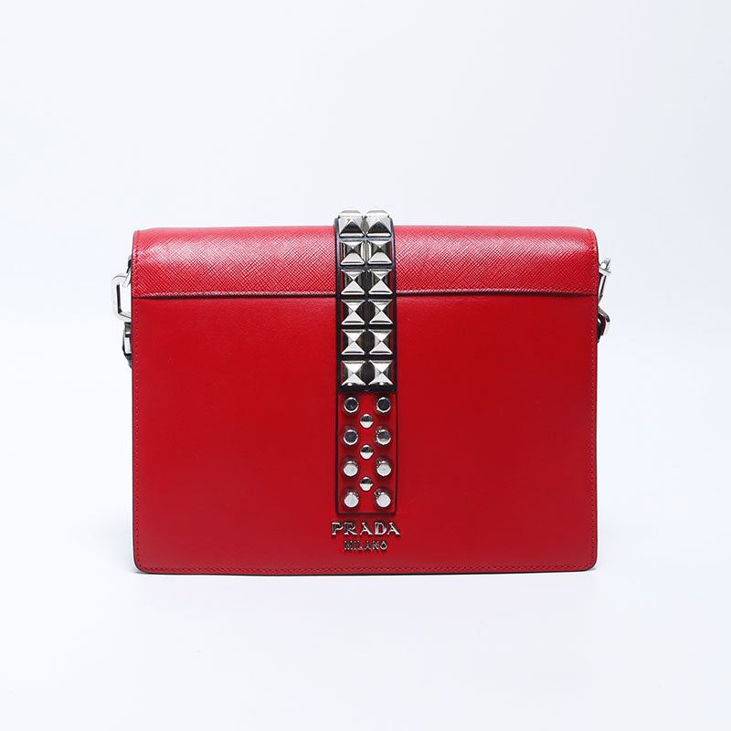 PRADA Studded Leather Silver Metal Electra Shoulder Bag Red