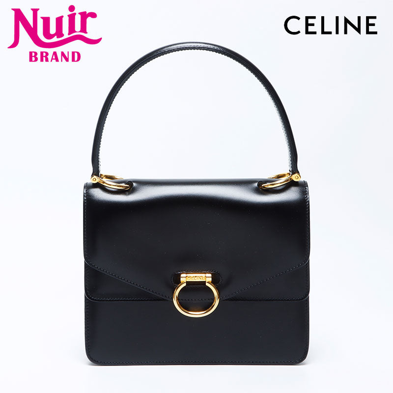 CELINE ブラックレザー ハンドバッグ セリーヌ CELINE ダブルフラップ レザー ハンドバッグ ブラック