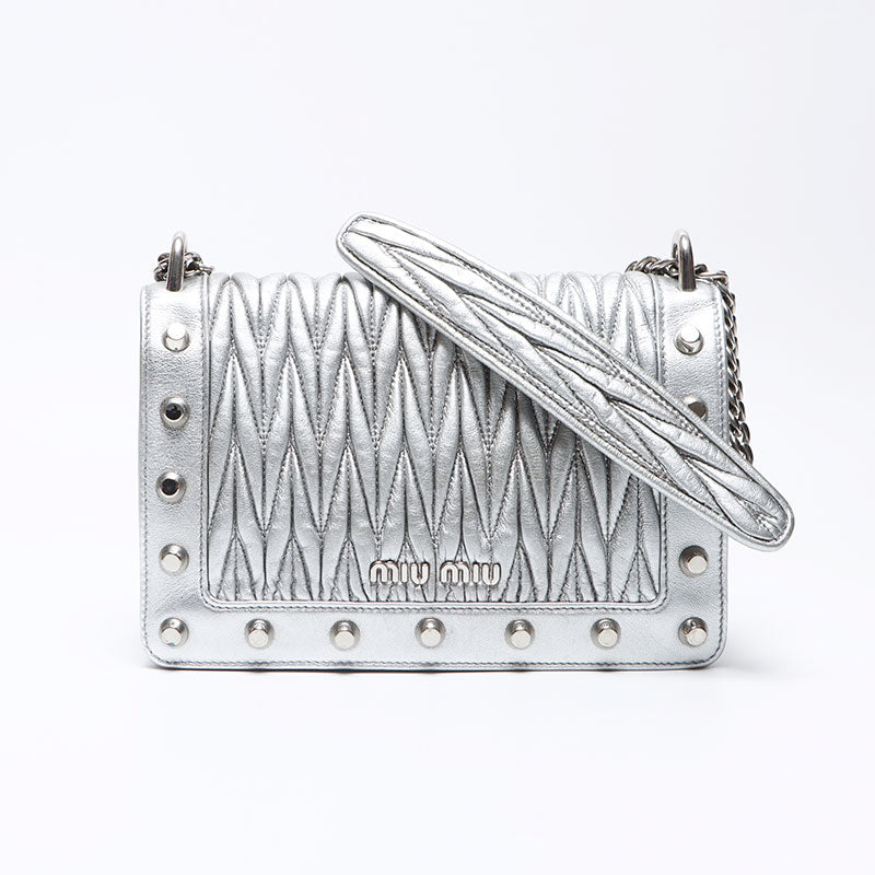 Miu Miu Leather Studs Matterasse Chain Shoulder Bag Silver