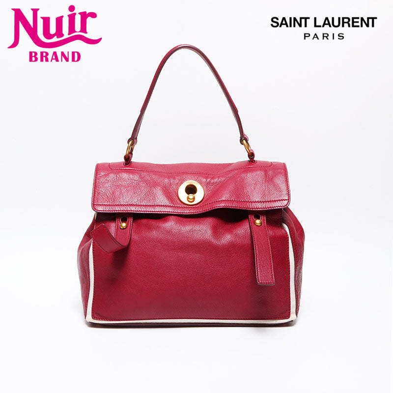 YVES SAINT LAURENT Muse Toe Leather Canvas Handbag Red