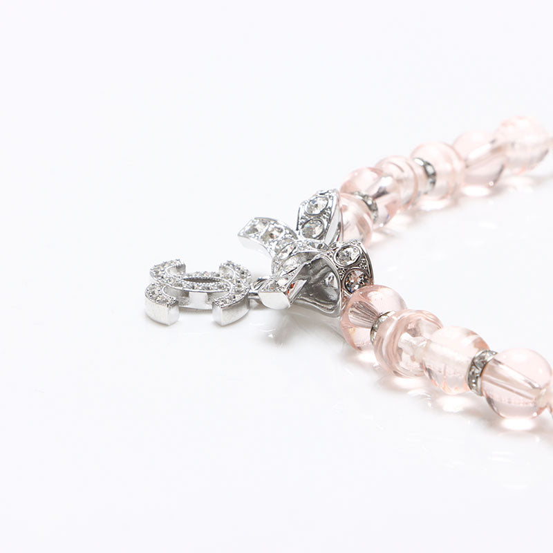 CHANEL B23S COCO Mark Rhinestone Ribbon Necklace Silver WS13292