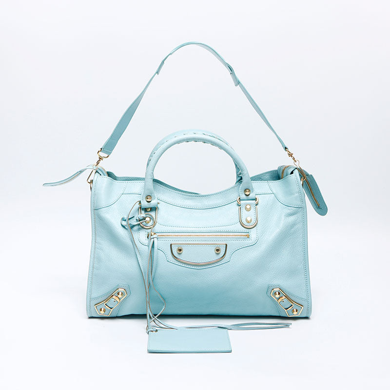 バレンシアガ シティ ブルー ショルダー エディターズバッグ 水色 青