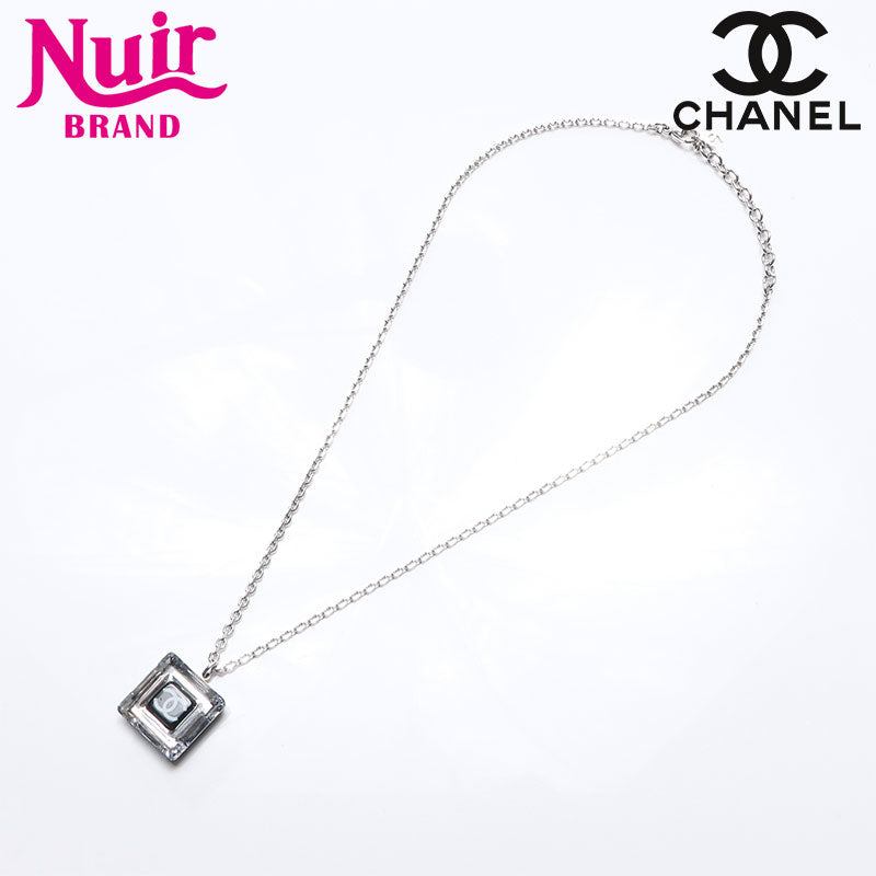 CHANEL 2005 05A Rhinestone Monotone Coco Mark Cube Necklace Silver