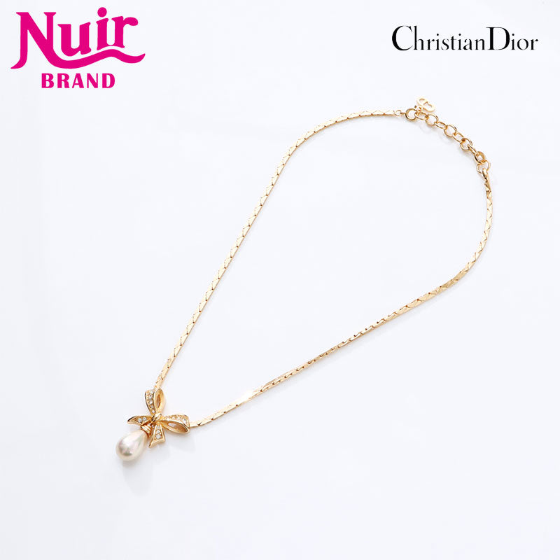 Christian Dior Rhinestone Pearl Ribbon Necklace gold WS14618