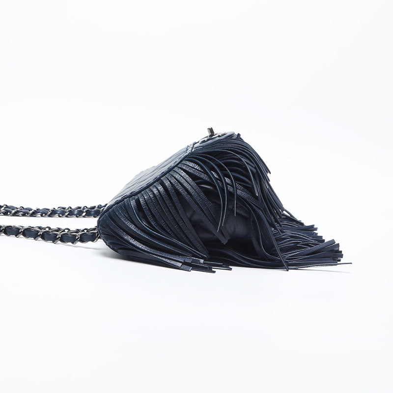 CHANEL 19th series Leather Fringe Flap 2014 Shoulder Bag Navy