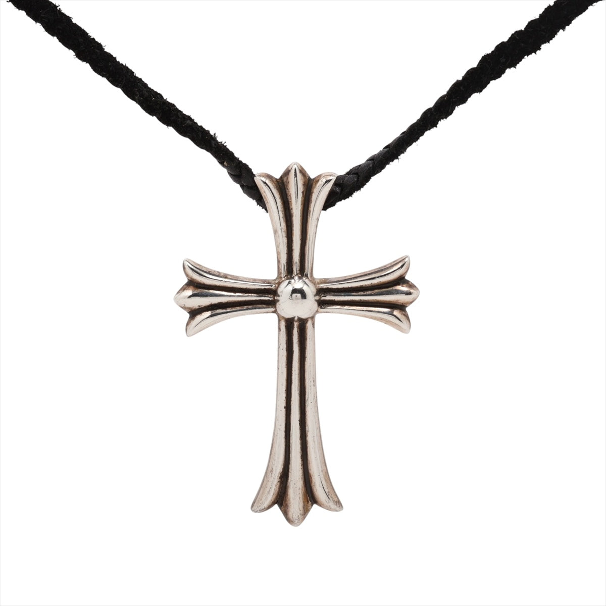 CHROME HEARTS Bale Cross Leather Braid Pendant Top Necklace Silver