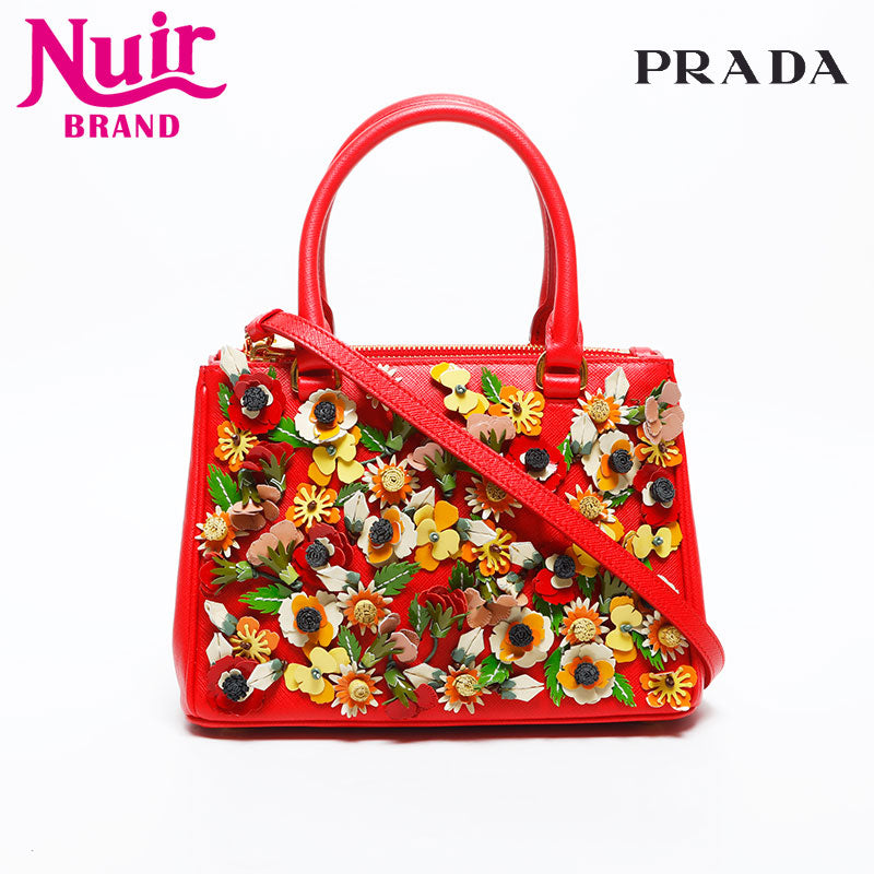 プラダ PRADA レザー ガレリア フラワー 2way ハンドバッグ レッド