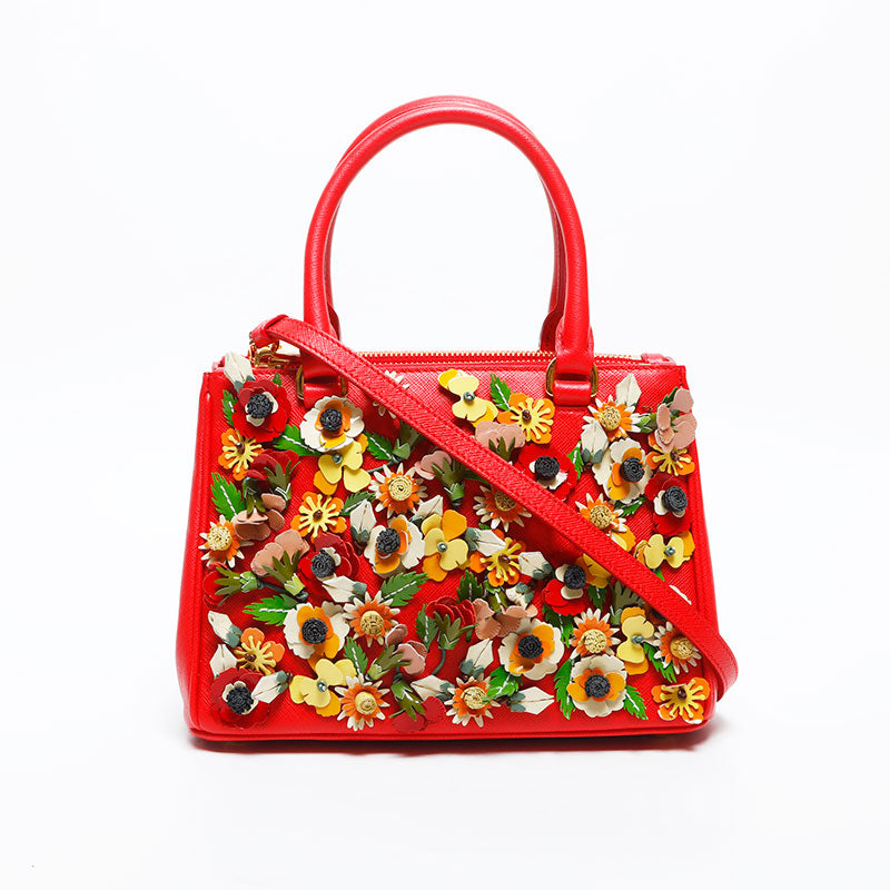 プラダ PRADA レザー ガレリア フラワー 2way ハンドバッグ レッド