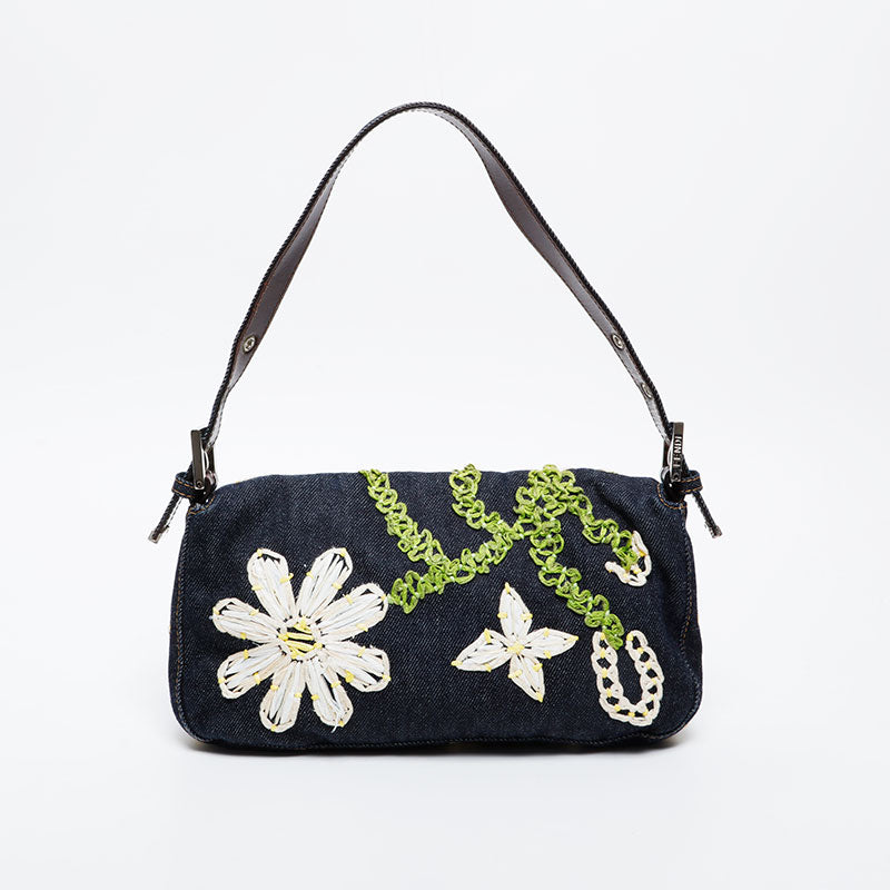 フェンディ FENDI デニムフラワー刺繍 マンマバケット ハンドバッグ