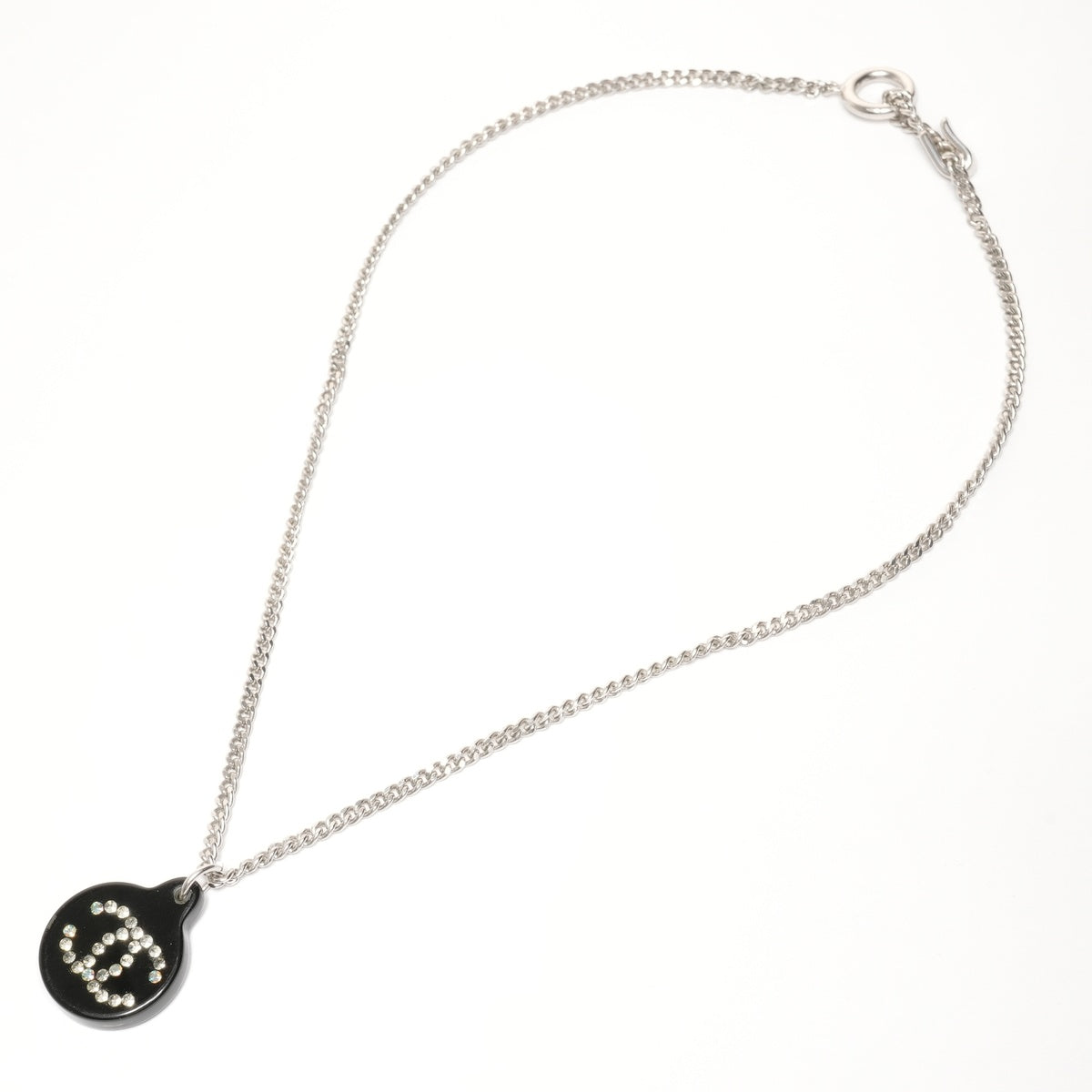 CHANEL 03A 2003 COCO Mark Black Circle Rhinestone Necklace Silver