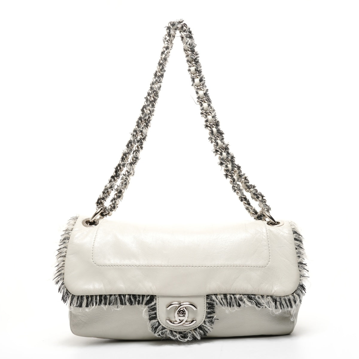 CHANEL No. 14 1996-1997 Wool Flap Tweed Chain Shoulder Bag gray