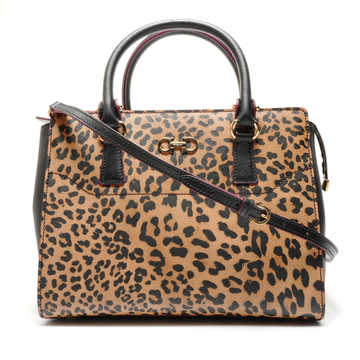 Salvatore Ferragamo Gancini Leopard Print 2-Way Bag Handbag Brown
