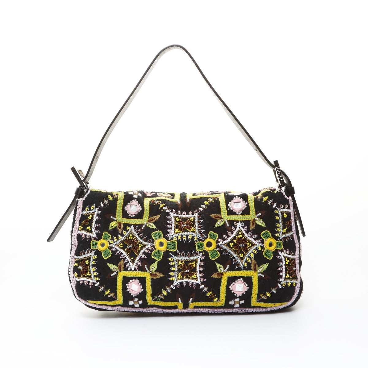 FENDI Beaded Fringe Mamma Bucket Embroidery Shoulder Bag black