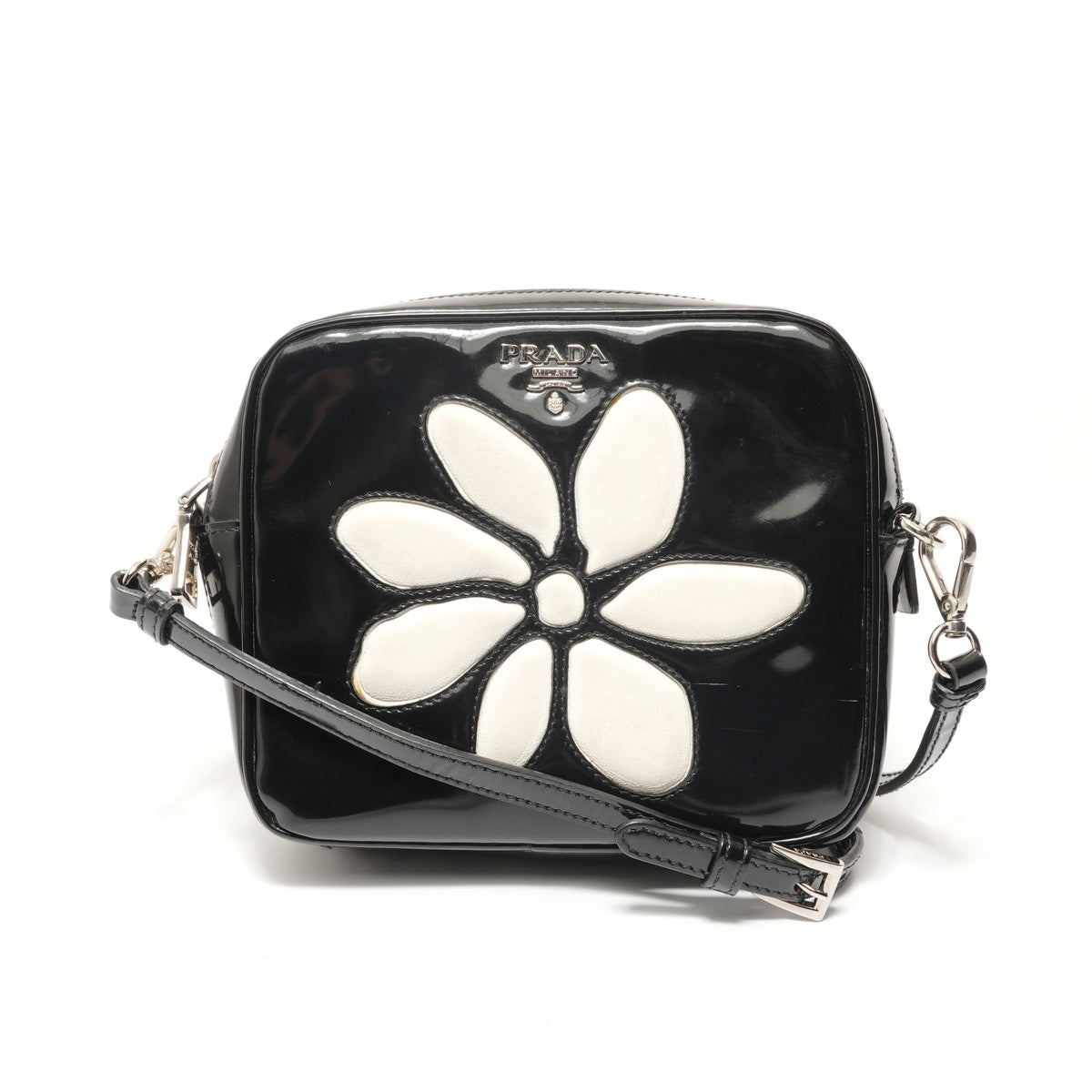 PRADA Flower motif patent leather Shoulder Bag black WS28614