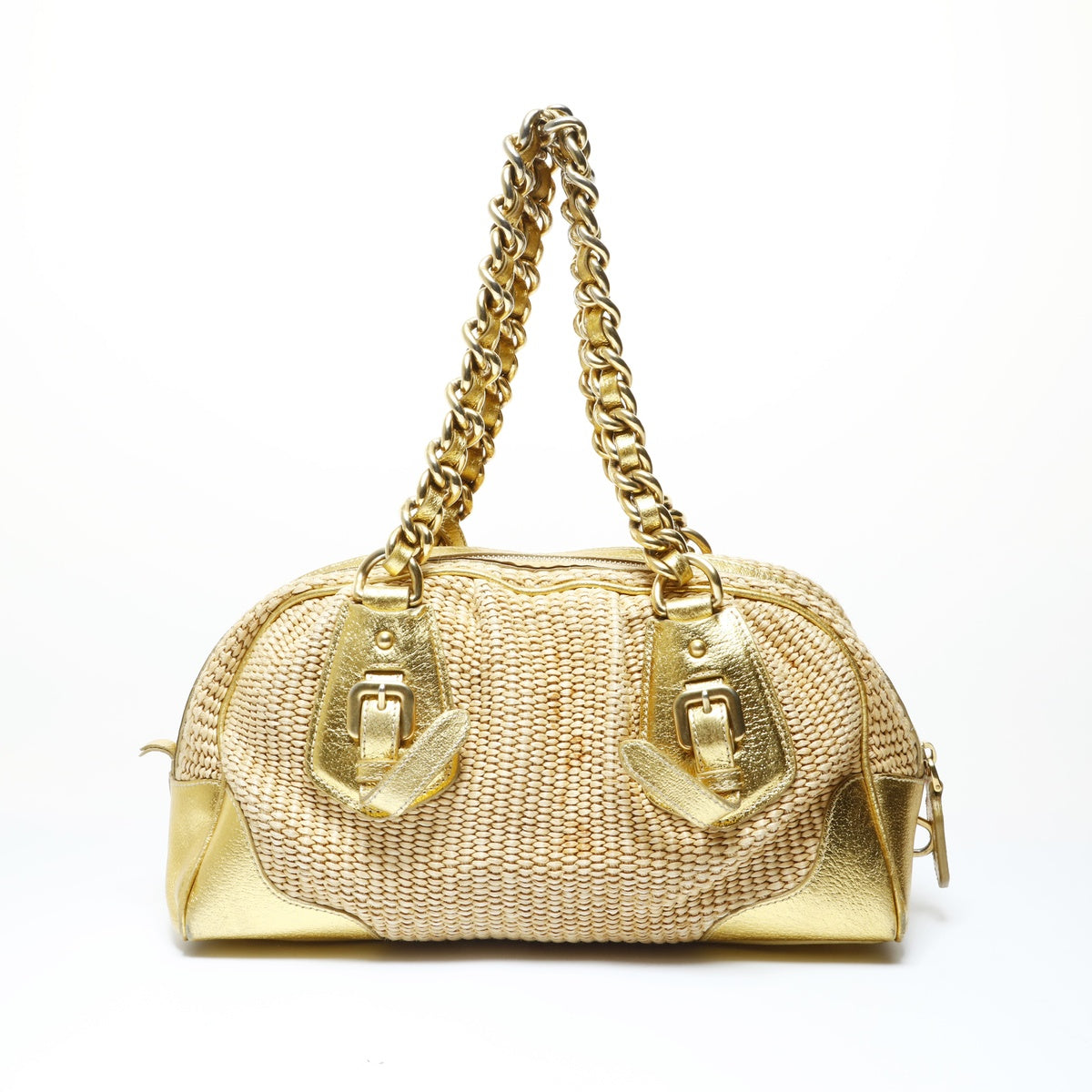 PRADA Raffia basket bag with leather chain shoulder Shoulder Bag