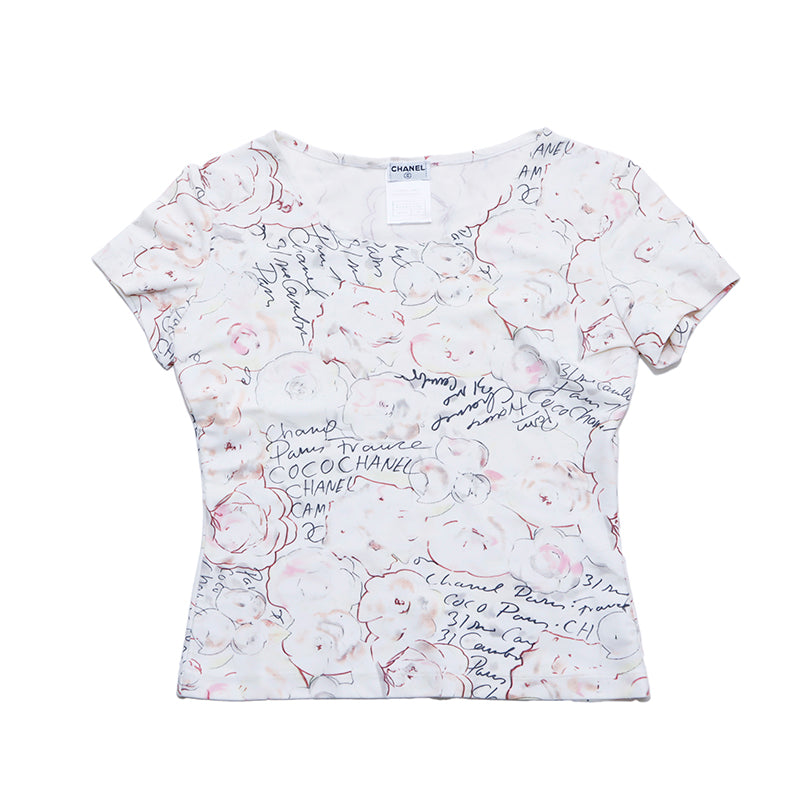 Chanel Coco Mark Camellia Short Sleeve T-Shirt Beige WS4335