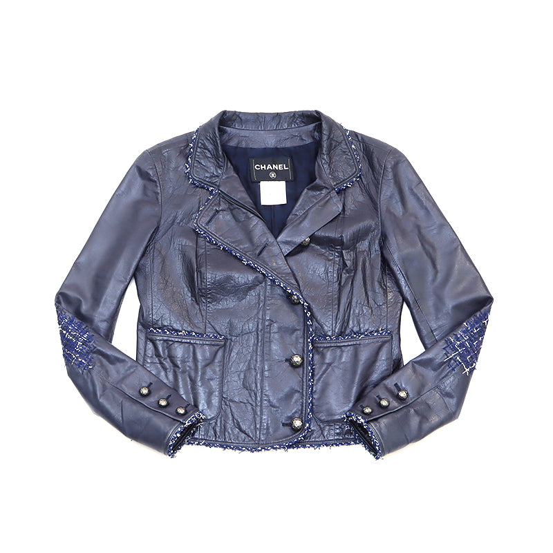 Chanel CHANEL Tweed Leather Jacket Navy WS4676 – NUIR VINTAGE