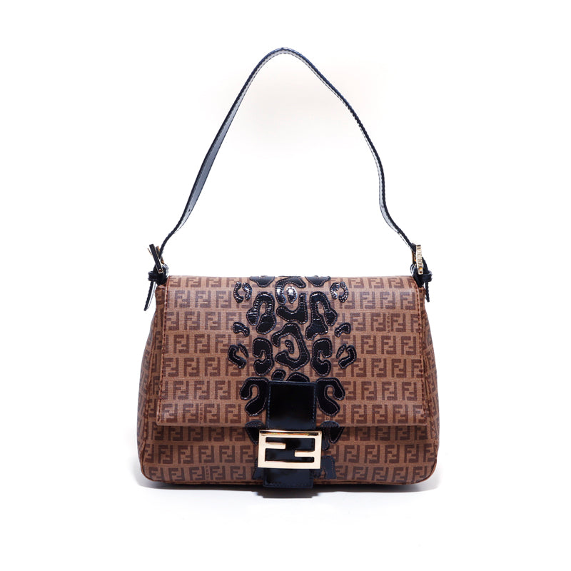 FENDI Zucchino pattern Mamma Bucket Shoulder Bag Brown WS4976