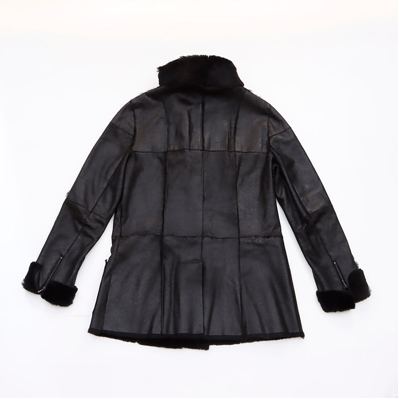 ジャケット・アウター French leather coat BLACK Ladies Black Motorcycle Jacket Retro Collar PU Leather