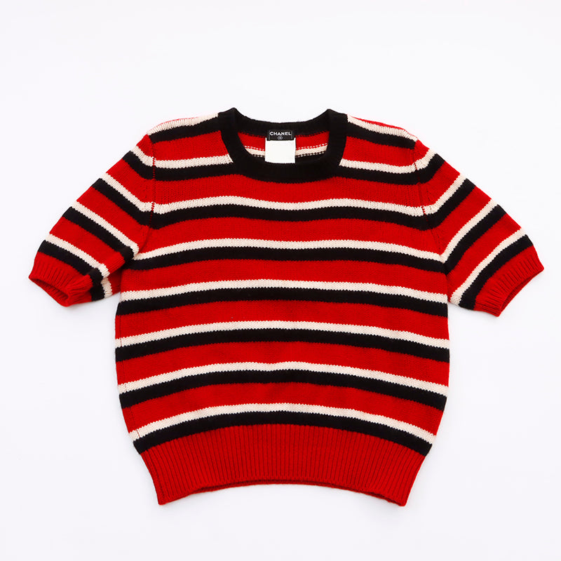 シャネル CHANEL ボーダー 半袖 ニット カシミヤ レッド WS6071