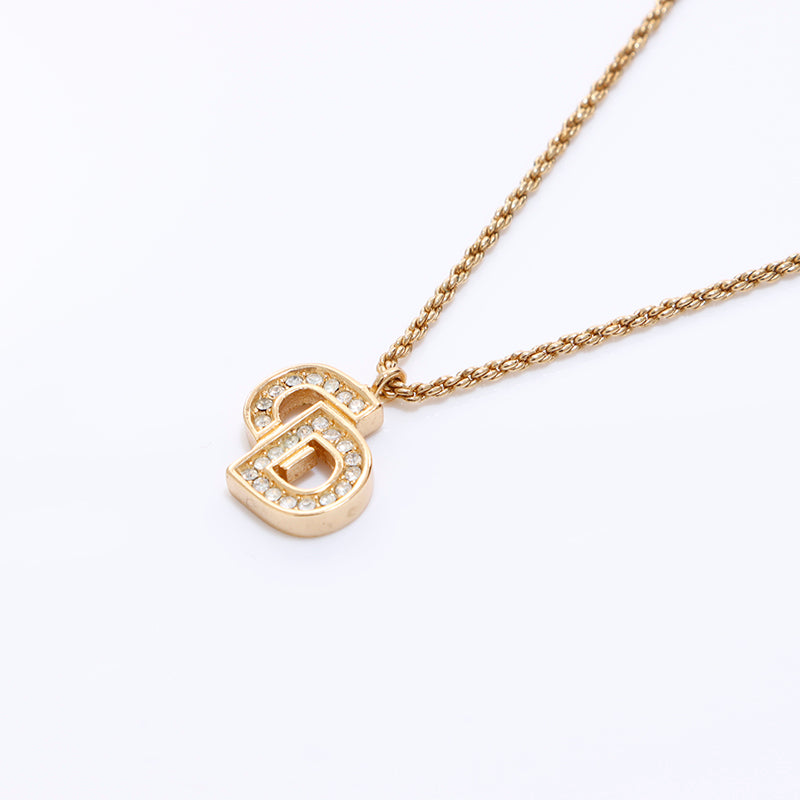 Christian Dior CD Logo Rhinestone Necklace Gold WS6604