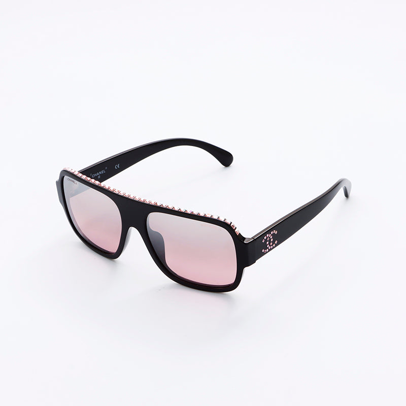 Chanel CHANEL Rhinestone Pink Lens Colored Lens Sunglasses Black