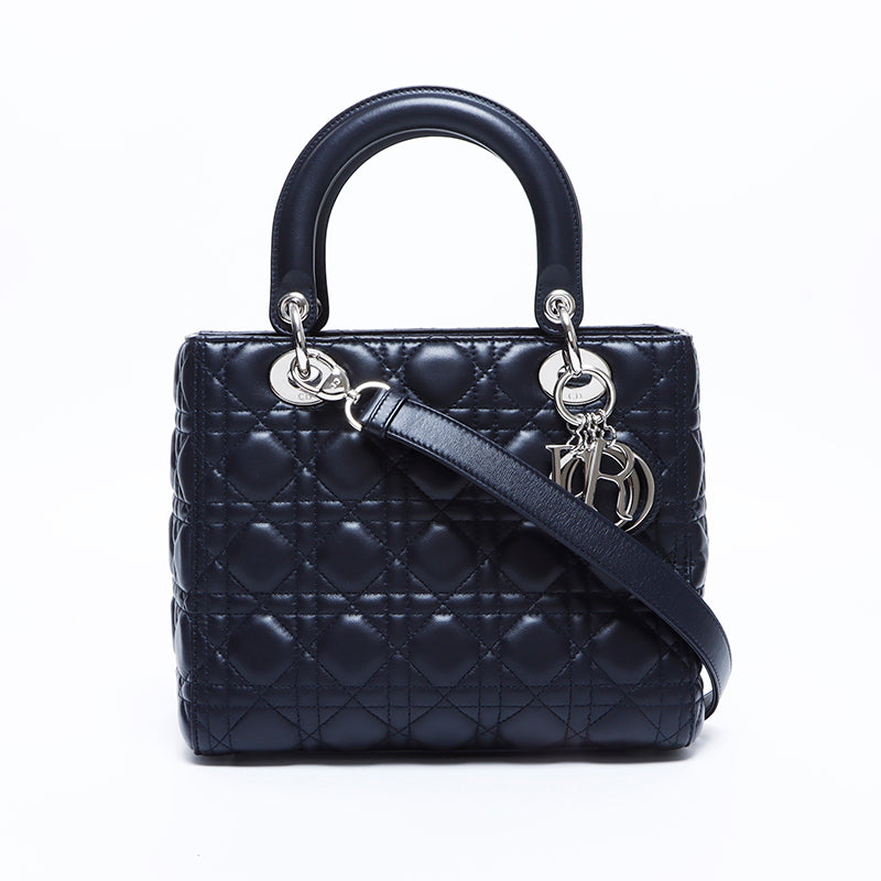 Christian Dior Lady Dior 2way Silver Fitting Leather Handbag Black