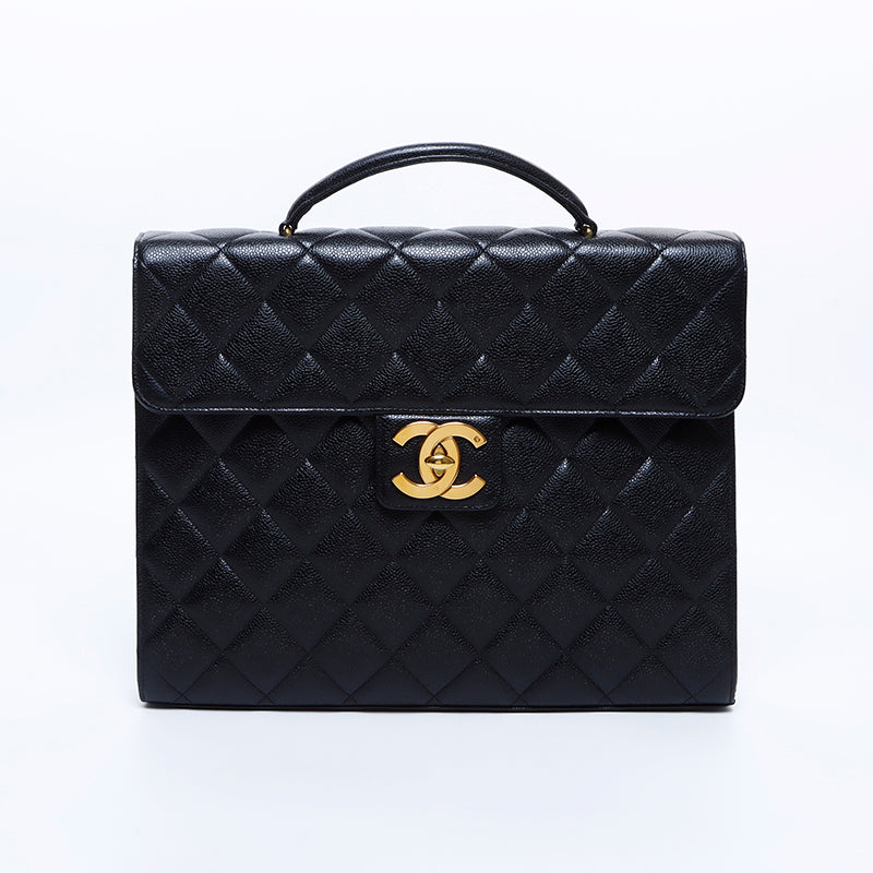 Chanel CHANEL No. 3 Caviar Skin Briefcase Handbag Black WS8160