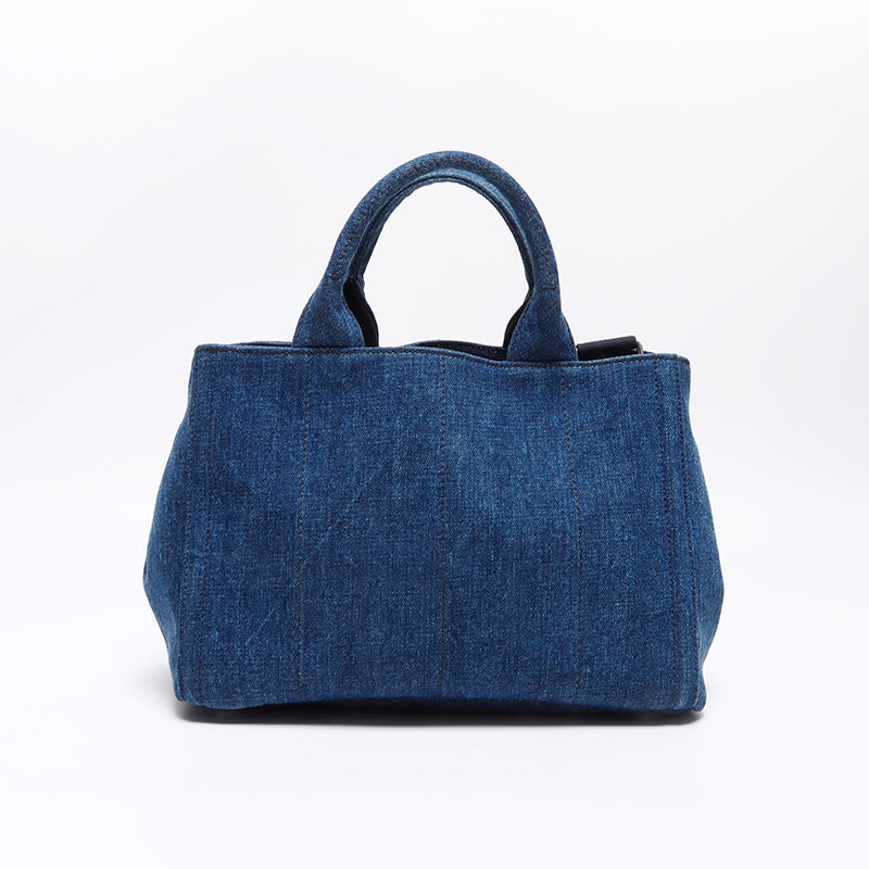 美品 プラダ デニム 2WAY ショルダーバッグ カナパ スタッズ ネイビー プラダ PRADA デニム 2way 三角ロゴ金具 スタッズ カナパ