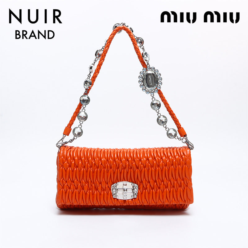 Miu Miu Leather Matterasse Bijou Crystal Shoulder Bag Orange