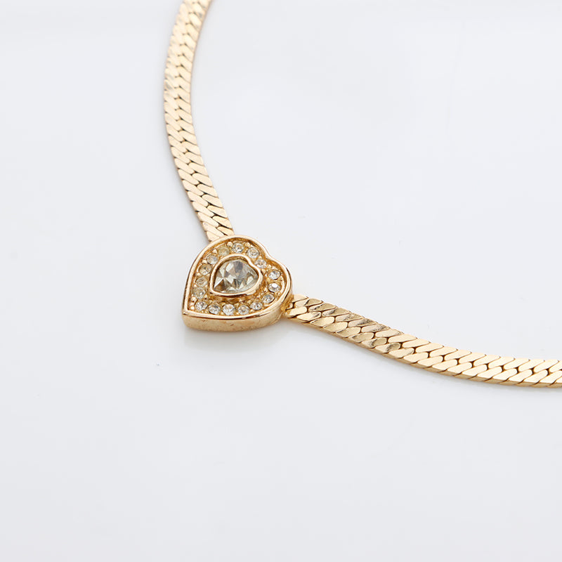 Christian Dior Rhinestone Heart Vintage Necklace Gold WS8891