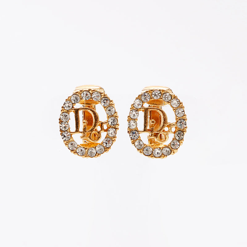 Christian Dior Vintage Rhinestone Logo Earrings Gold WS9361
