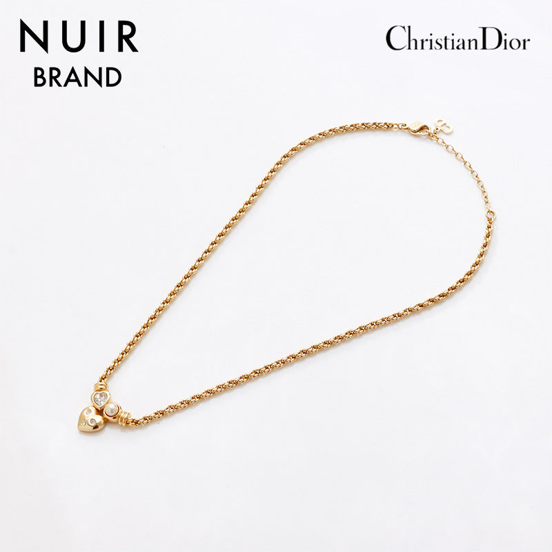 Christian Dior Vintage Heart Rhinestone Necklace Gold WS9369