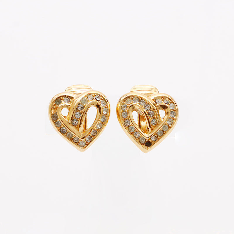 Christian Dior Vintage Rhinestone Heart Earrings Gold WS9466 Christian Dior Vintage Rhinestone Heart Earrings Gold WS9466