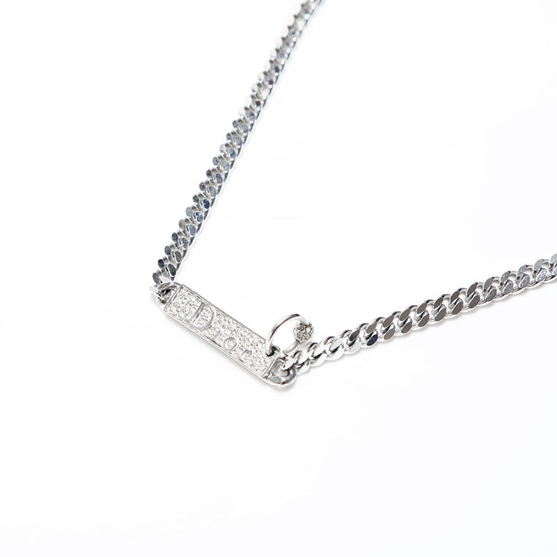 Christian Dior Logo Plate Rhinestone Chain Necklace Silver