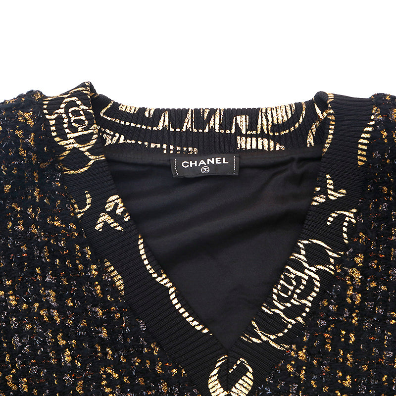 Chanel V-neck knit wool black x gold eit1297 – NUIR VINTAGE