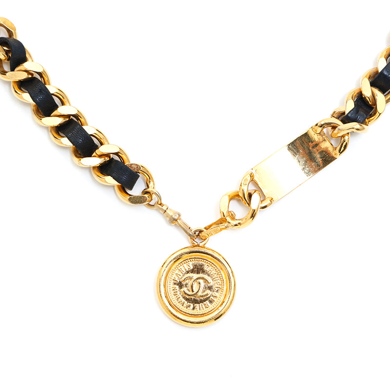 Chanel Black Leather and Gold Chain Medallion Belt Necklace at