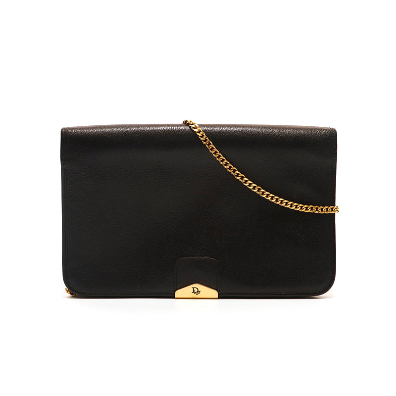 Christian Dior Logo Chain Shoulder Bag Leather Black P15125