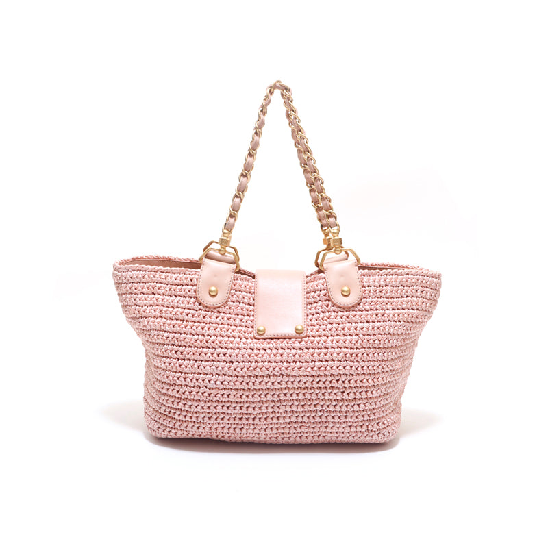 シャネル CHANEL ストロー チェーンショルダー トートバッグ ピンク