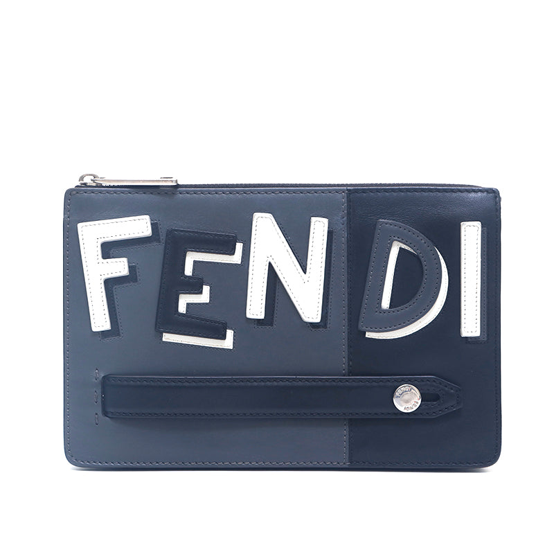 FENDI Logo Leather Handheld Clutch Bag Black x Gray P15570 – NUIR
