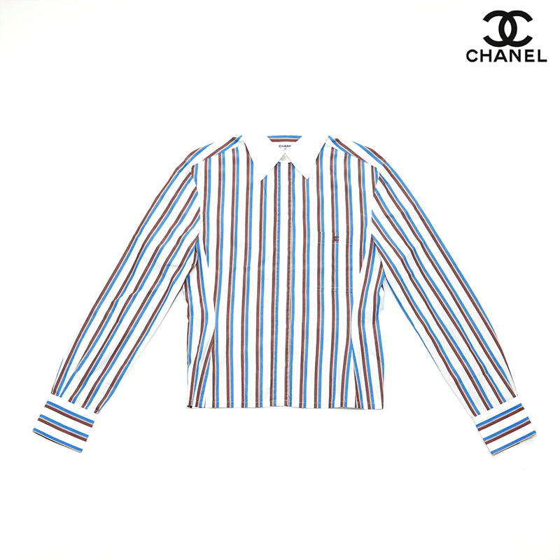 Chanel Coco Mark Stripe 2018 Long Sleeve Shirt Cotton White x Blue