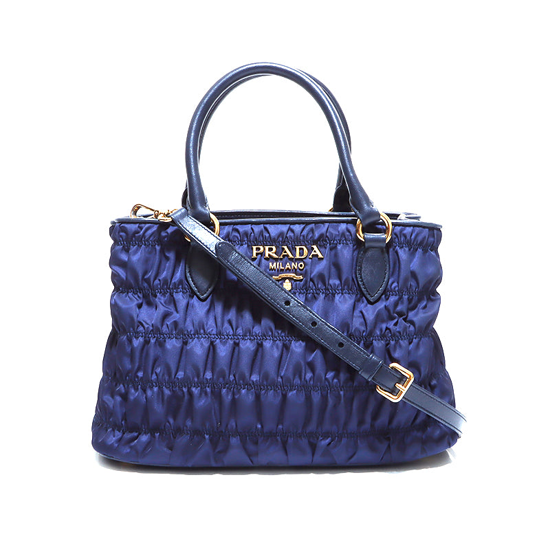 PRADA プラダ ナイロン ハンドバッグ ネイビー ゴールド金具 ギャザー プラダ PRADA ゴールド金具 2way ギャザー ハンドバッグ ネイビー