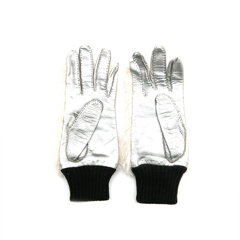 Chanel Coco Mark Fur x Leather Gloves White x Silver eit0806