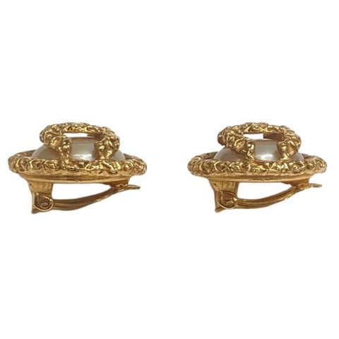 Chanel Coco Mark Pearl Round Earrings Gold WS1865