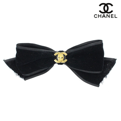 Chanel Coco Mark Ribbon Barrette Velour Black WS3179